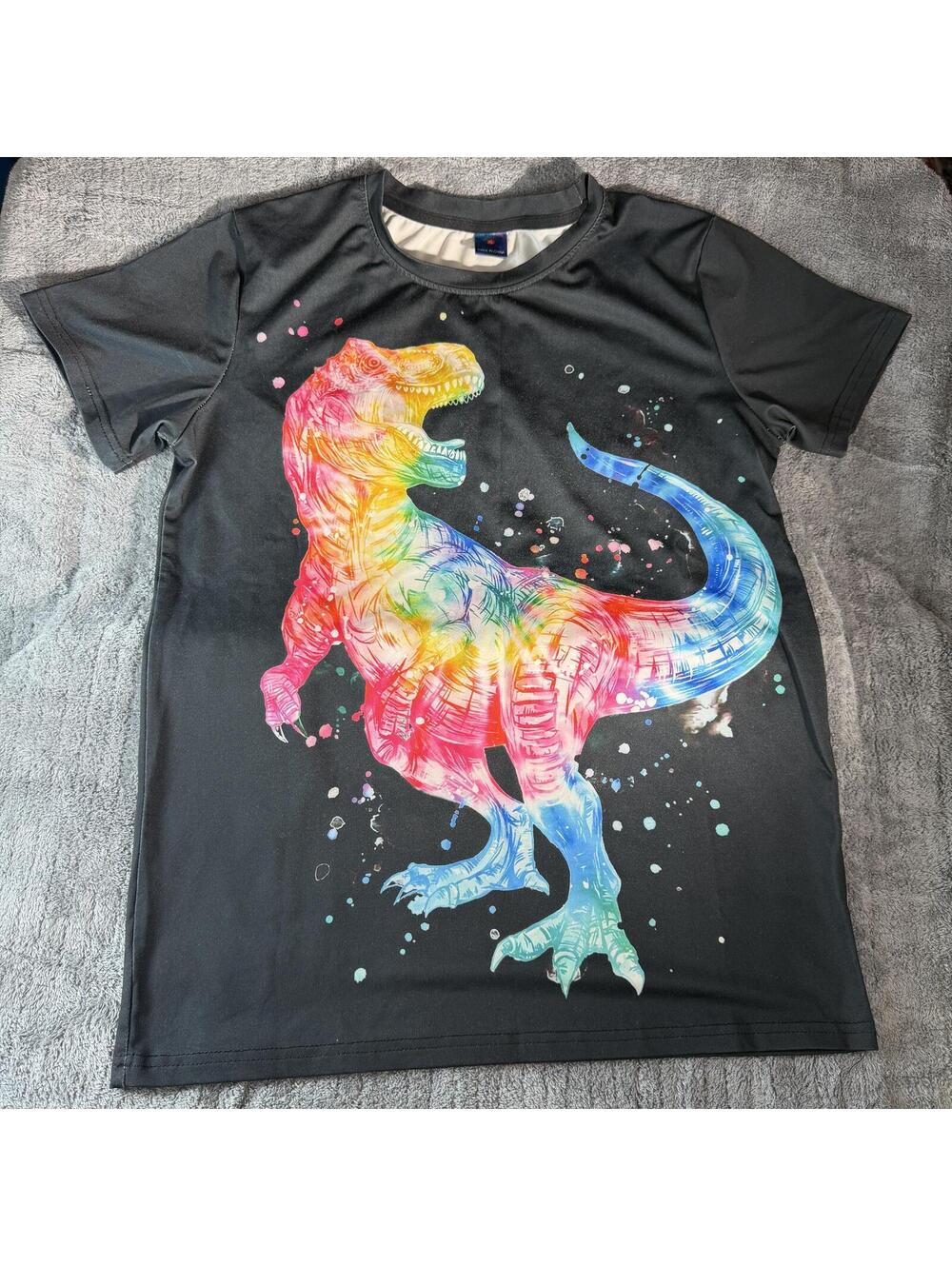 Kids XL Rainbow Dinosaur T-Shirt All Over Print AOP Black Colorful Dino Used